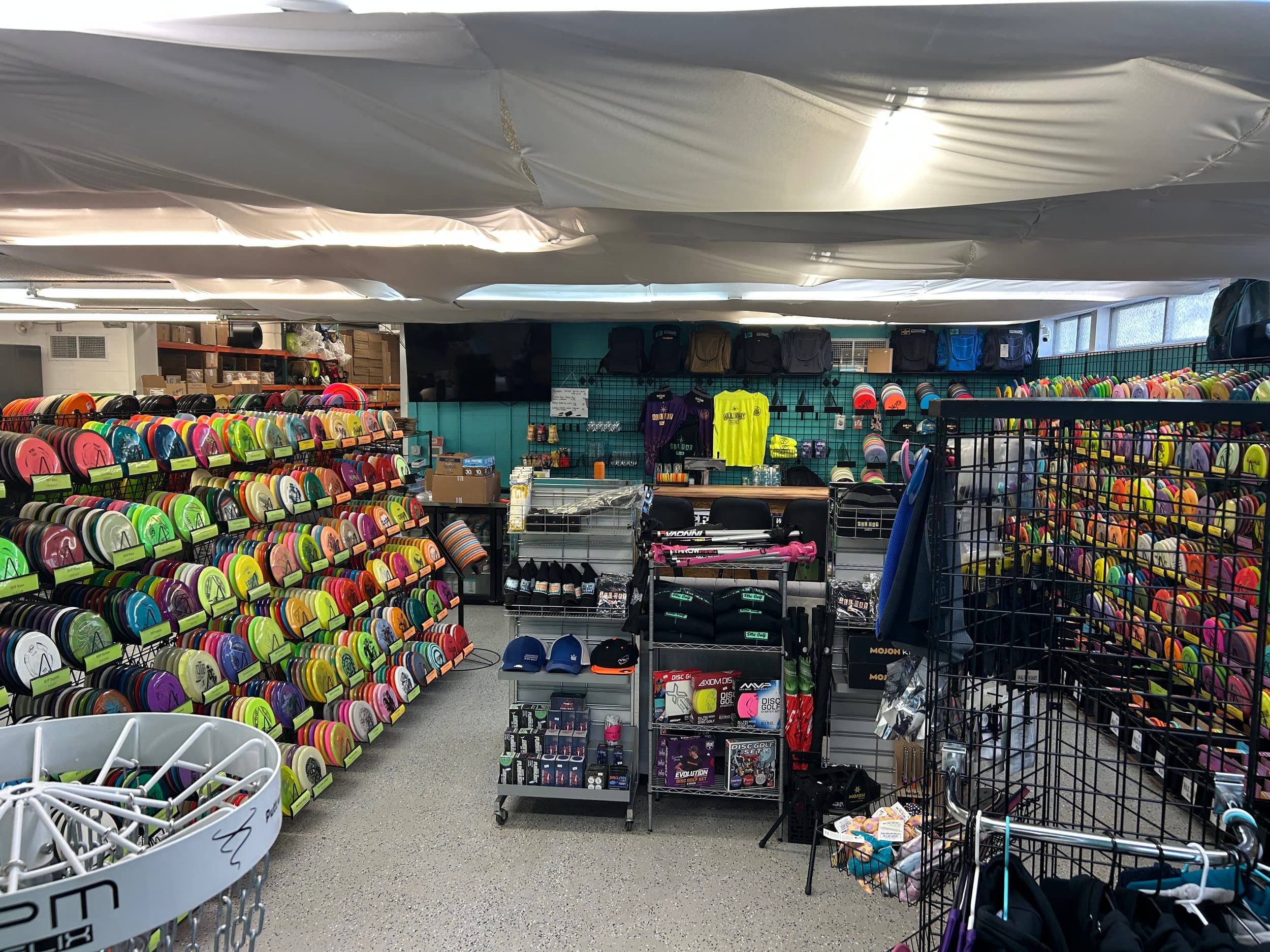 Inside All Day Disc Golf shop